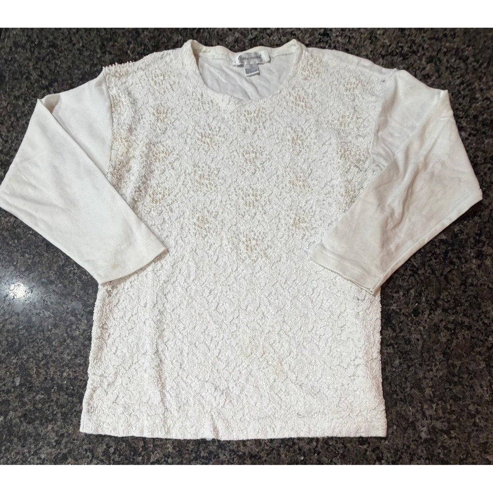 Eminent Vintage Ivory Lace Pearl Beaded Long Sleeve Top Cotton Womens Medium